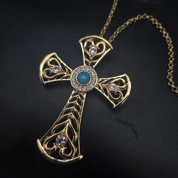 JTV Off Park Collection Cross Pendant Necklace Gold Tone Blue Rhinestone - Picture 1 of 8